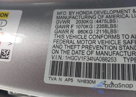 2022 Honda Accord Sport из США, поврежденный, VIN 1HGCV1F34NA088253